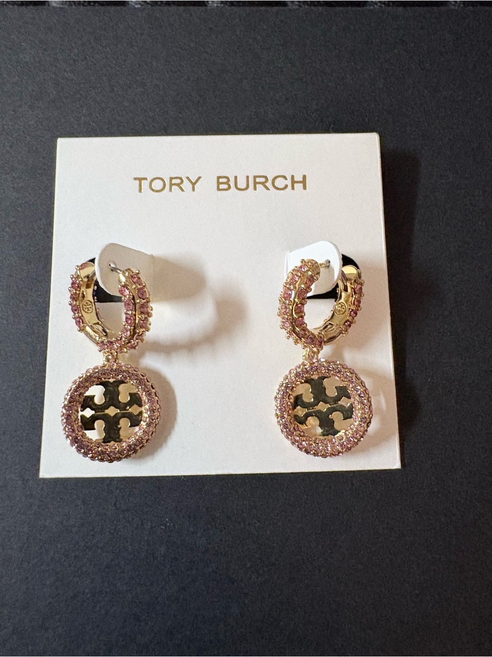Tory Burch Gold Medallion Drop Earrings with Pink Crystals